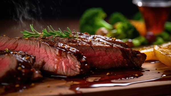 Slices of grilled beef steak on a cutting board with vegetables AI generated