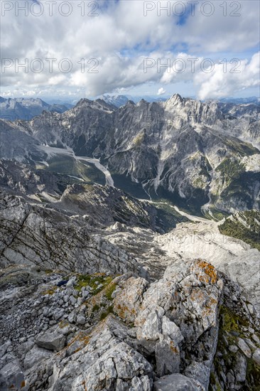 View of Wimbachgries valley and mountain panorama with rocky mountain peak of Hochkalter