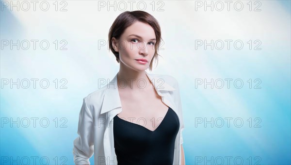 Charming adult business woman with perfect clean skin posing in studio. Skin care concept