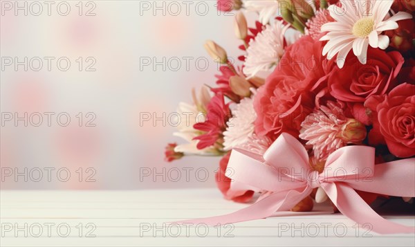 Romantic bouquet of red roses tied with a soft pink bow on a pastel background AI generated