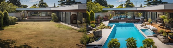 Before and after of an unattended mediocre back yard to A beautiful yard with a swimming pool. generative AI