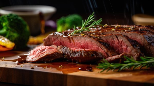 Slices of grilled beef steak on a cutting board with vegetables AI generated