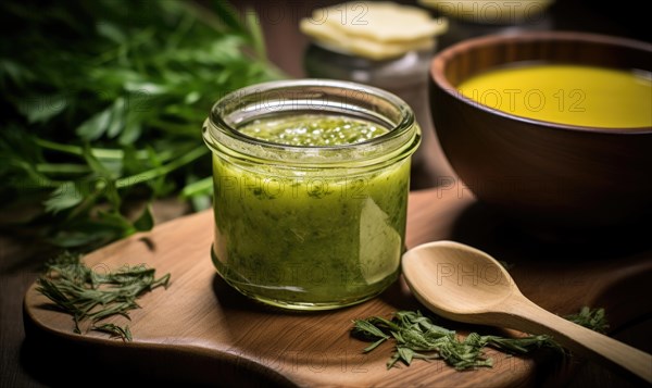 Homemade pesto sauce with fresh tomatoes and parsley on dark background AI generated