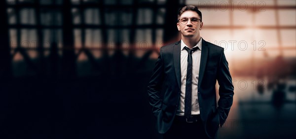 Portrait of a man in a business suit. He is standing at the airport and looking at the camera. Airline concept. VIP transportation. Private airlines. Charter flights.