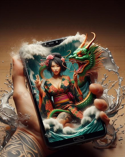 Surreal artwork of a chinese dragon emerging from waves with a tradtional tattooed asian woman
