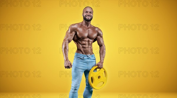 Isolated professional sportsman on a yellow background. Bodybuilding concept. Panorama. Advertising of a gym and sports nutrition.