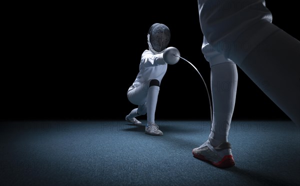 Two fencers are fighting in a tournament. The concept of fencing.