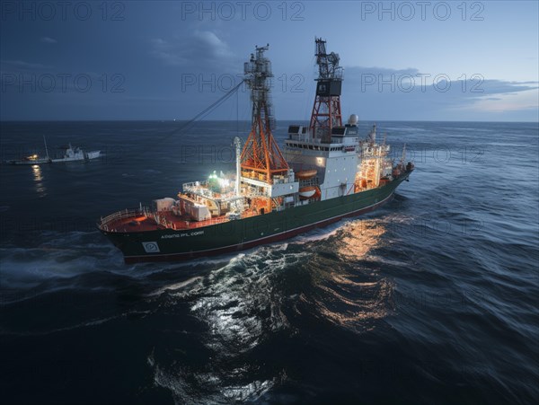 Offshore drilling ship during twilight with a dark blue ocean backdrop
