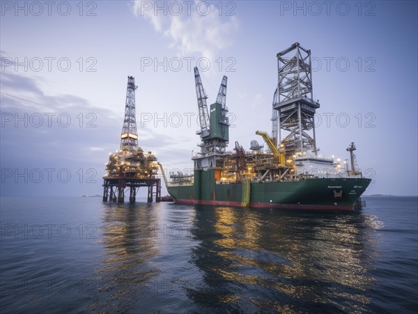 Dawn breaks over the ocean with two offshore drilling rigs in view