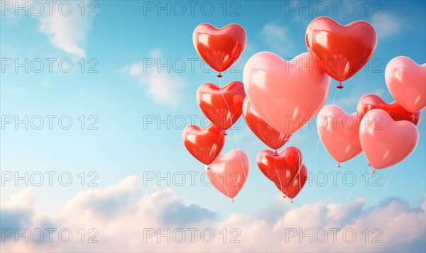 Several red heart-shaped balloons floating in the sky AI generated