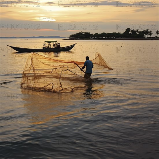 A fisherman casts a large net into the water at dusk