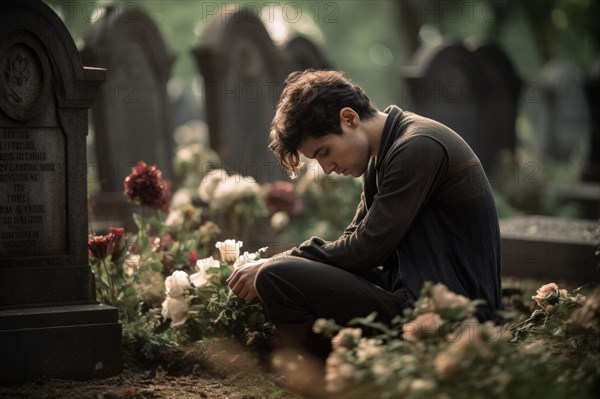 Man sitting sadly at gravestone