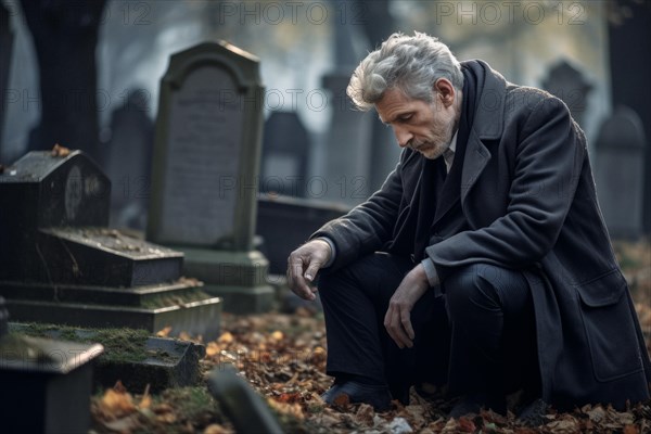 Man sitting sadly at gravestone