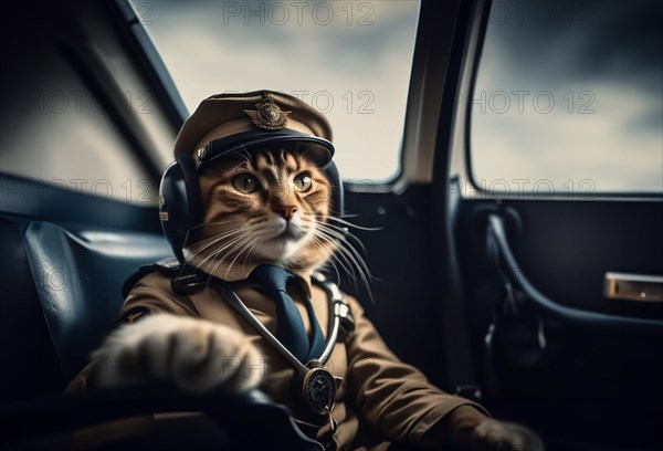 Cat pilot in an airplane pilot uniform on an airplane