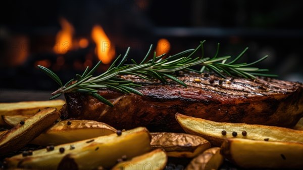 Grilled beef steak with rosemary and potatoes on a wooden table AI generated