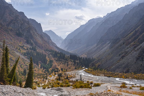 Mountain stream Ala Archa flows through the Ala Archa valley