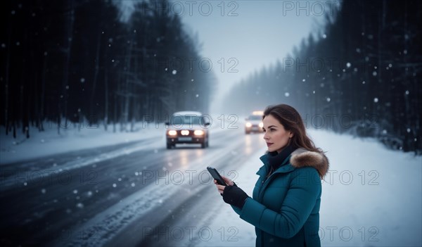 Female driver crashes her car on a slippery winter road in the snow