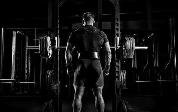 Professional athlete stands in front of the bars with a barbell and is about to crouch with her. Back view