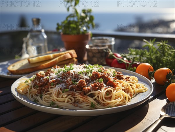 Einladender Teller Pasta auf einer Terrasse mit Blick auf das Meer