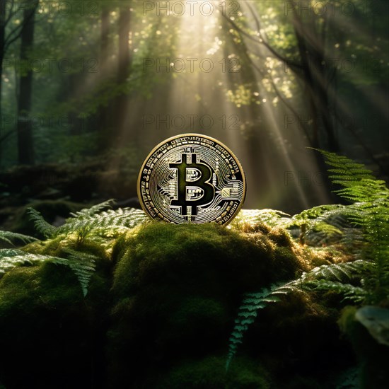 AI Generated image of a A Bitcoin coin illuminated by sunlight peering through a serene forest