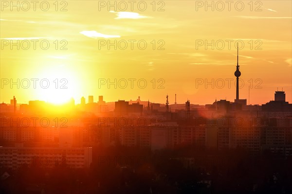 View during sunset of the television tower at Alexanderplatz and high-rise buildings at Potsdamer Platz