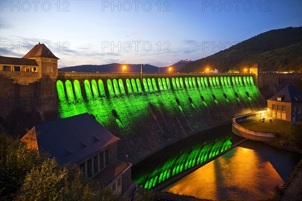 The Edersee dam wall illuminated by LED spotlights holds the German record as the longest permanently illuminated object