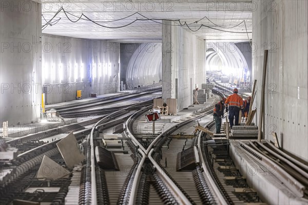 Construction site in the tunnel at the new through station in Stuttgart. A total of 56 kilometres of tunnels have been dug for Deutsche Bahn AG's Stuttgart 21 project and tunnelling has been completed. The tunnels will go online when the new main railway station opens in 2025