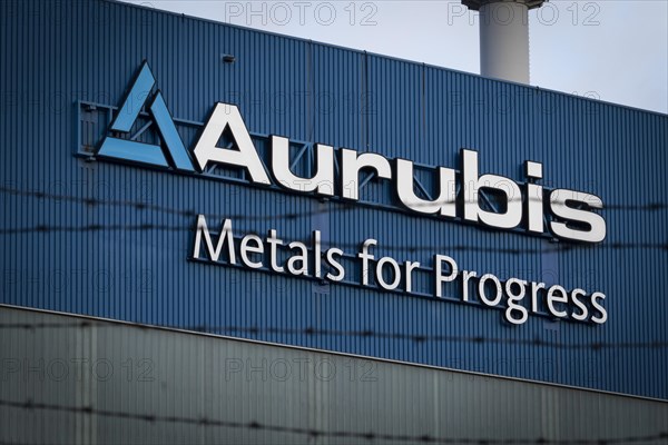 Logo and lettering Aurubis Metal for Progress on a factory building at the Aurubis AG plant