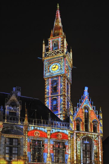 Monumental light projections on facade of Post Plaza by the French artist group Spectaculaires during the 2011 light festival of Ghent