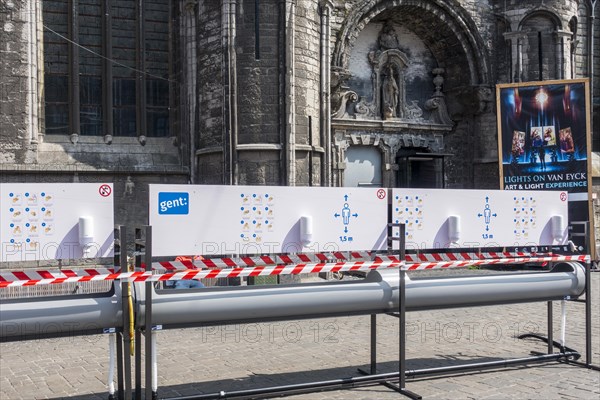 Instructions at hand washing station in shopping street during the 2020 COVID-19