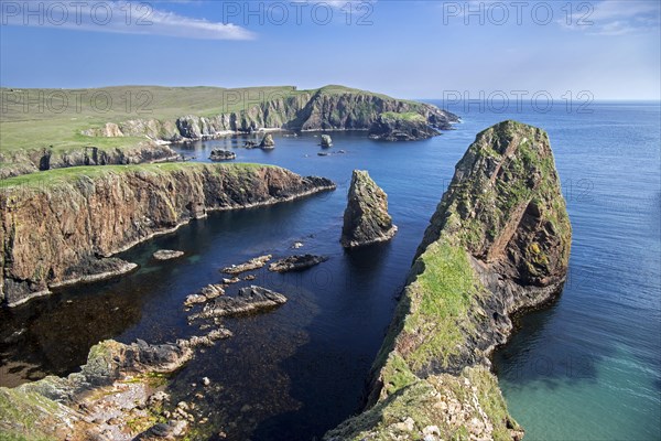 Spectacular coastline with sea cliffs and stacks at Westerwick