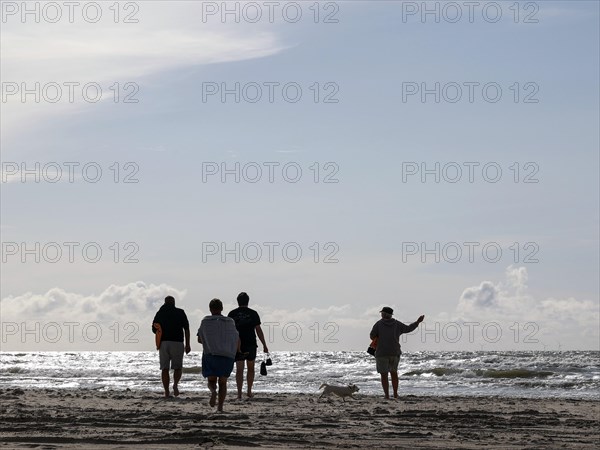 Walker with dog on a North Sea beach in Vejers