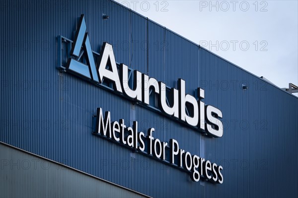 Logo and lettering Aurubis Metal for Progress on a factory building at the Aurubis AG plant