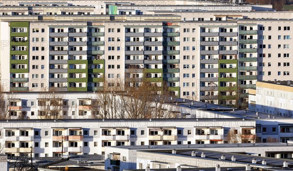 View of high-rise buildings and apartment blocks with rental flats and condominiums in the Berlin district of Marzahn-Hellersdorf