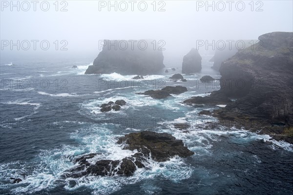 Sea stacks and sea cliffs in mist during stormy weather at Eshaness