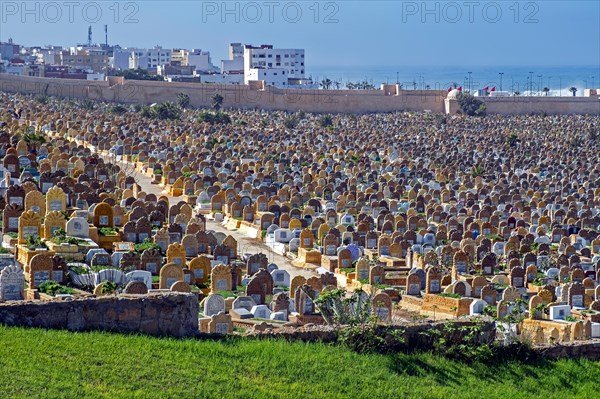 Islamic graves with headstones at the Laalou muslim cemetery with view on the Atlantic Ocean in the city Rabat