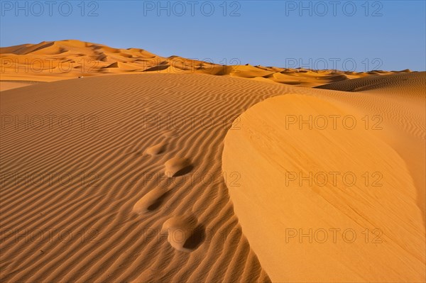 People's footsteps in sand dune of Erg Chebbi in the Sahara Desert near Merzouga