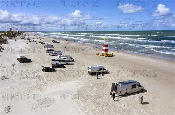 Aerial view of mobile homes on the Blokhus car beach