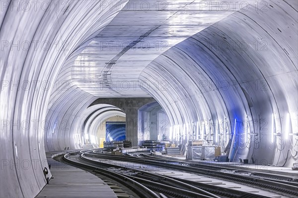 Construction site in the tunnel at the new through station in Stuttgart. A total of 56 kilometres of tunnels have been dug for Deutsche Bahn AG's Stuttgart 21 project and tunnelling has been completed. The tunnels will go online when the new main railway station opens in 2025