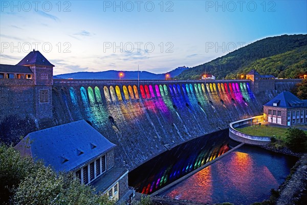 The Edersee dam wall illuminated by LED spotlights holds the German record as the longest permanently illuminated object