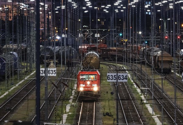 DB Cargo class 185 locomotive in the DB Cargo marshalling yard in Halle