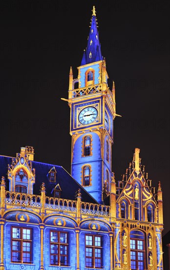 Monumental light projections on facade of Post Plaza by the French artist group Spectaculaires during the 2011 light festival of Ghent