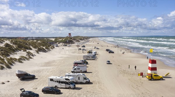 Aerial view of mobile homes on the Blokhus car beach