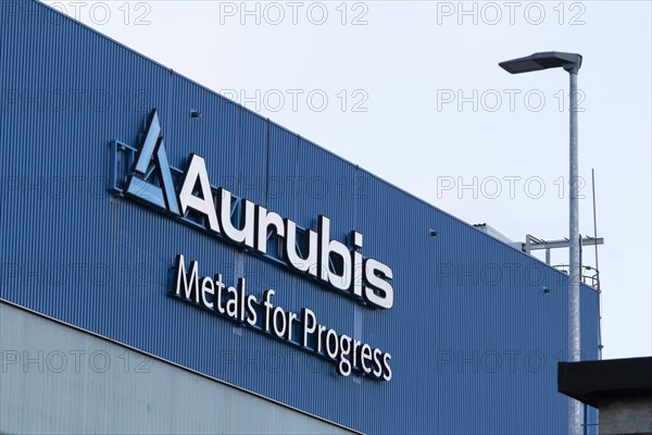 Logo and lettering Aurubis Metal for Progress on a factory building at the Aurubis AG plant