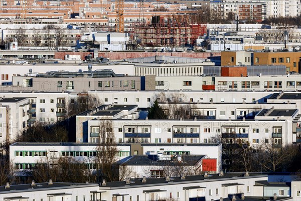 View of high-rise buildings and apartment blocks with rental flats and condominiums in the Berlin district of Marzahn-Hellersdorf