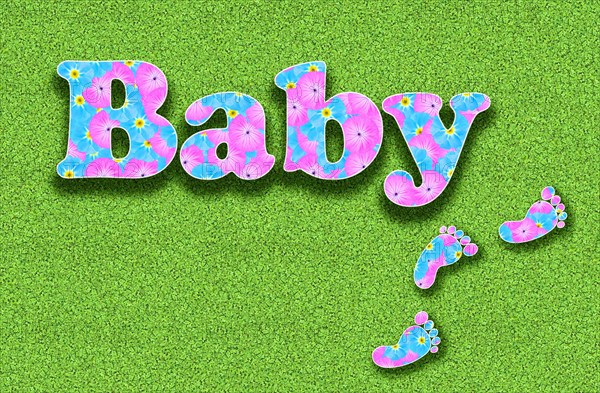 The word baby written with flowers in baby colours pink and light blue on a green background