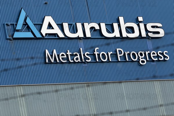 Logo and lettering Aurubis Metal for Progress on a factory building at the Aurubis AG plant