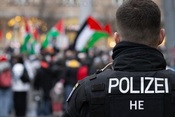 Hundreds of people take part in a pro-Palestine demonstration in Frankfurt am Main on 23 December 2023. The demonstration is accompanied by a massive police presence. Since a terrorist attack by Hamas on Israel on 7 October 2023 and Israel's subsequent intervention in the Gaza Strip