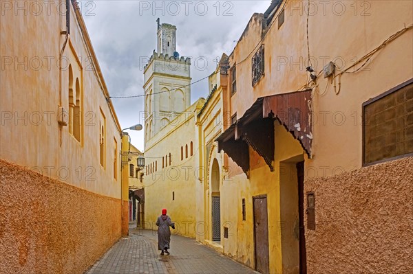 Minaret and Muslim woman wearing djellaba