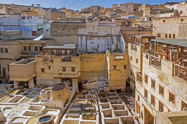 Sidi Moussa Tannery with round stone vessels filled with dye and softening liquids in medina Fes el-Bali of the city Fes